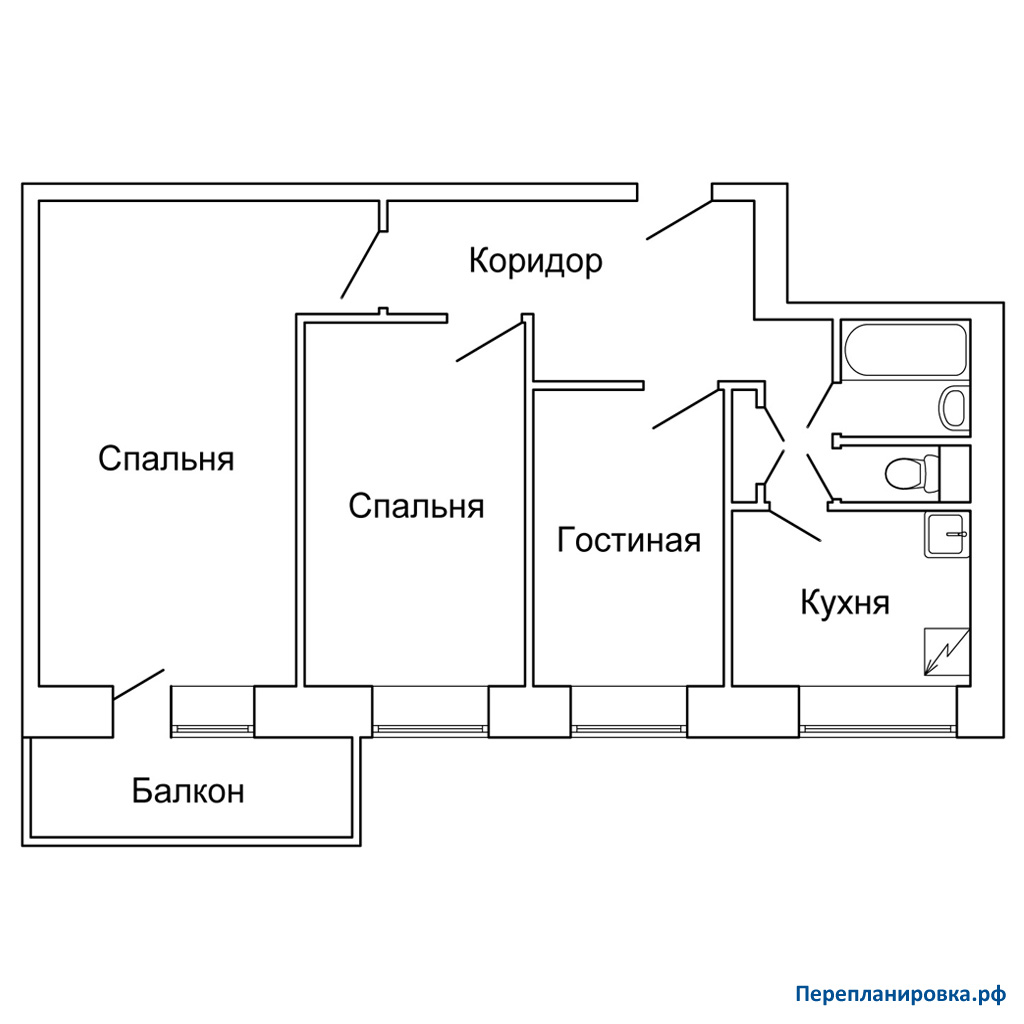 планировка трехкомнатной квартиры 1-515/9м (вариант №2)