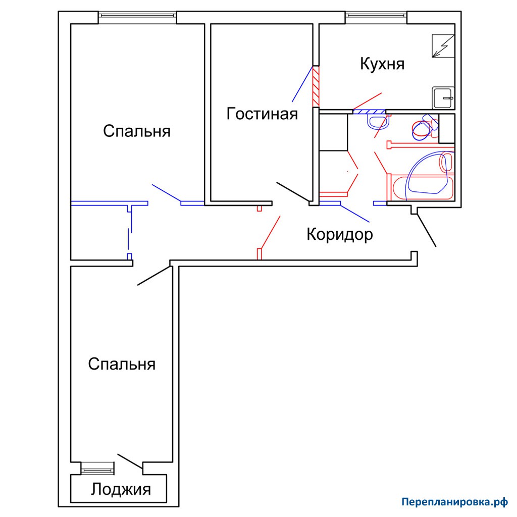 Перепланировка трехкомнатной квартиры 1605ам/12, план, фото.