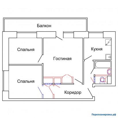 проект перепланировка трехкомнатной квартиры 1-515/9м
