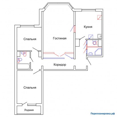 проект перепланировка трехкомнатной квартиры п-44м
