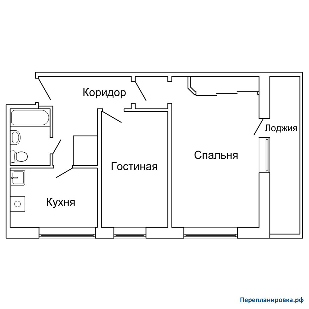Перепланировка двухкомнатной квартиры 1605ам/12, схема, фото.